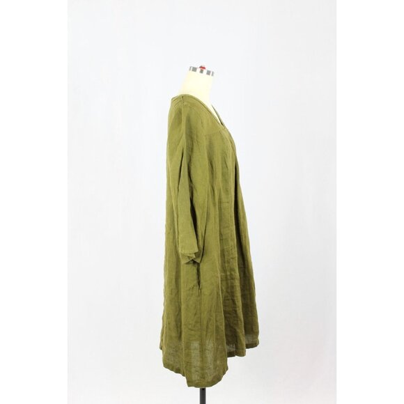 GUDRUN SJODEN Lagenlook Olive Green Linen Oversized V-Neck Tunic Dress, Size M - Picture 2 of 14